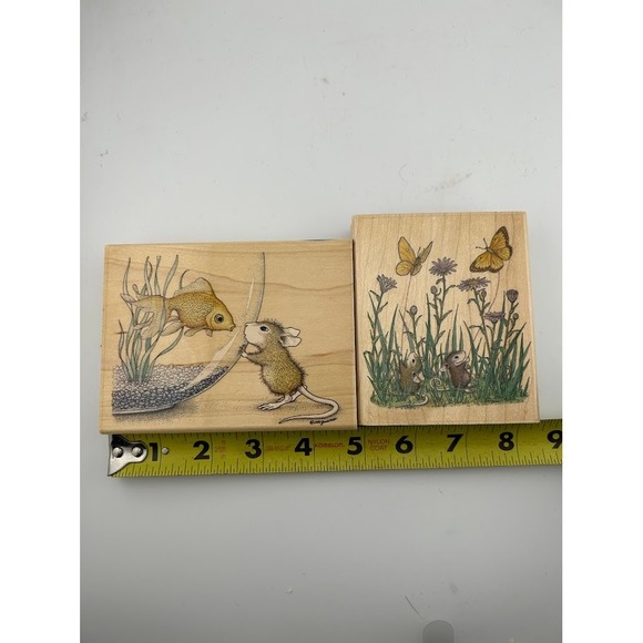 Rubber Stamps Set of 2 Wood‎ Mounted Mouse Goldfish Butterfly Floral - Picture 2 of 3